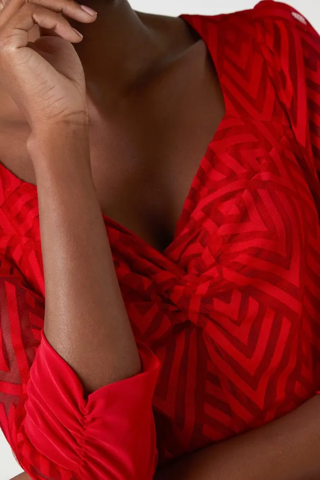 Red Chevron Twist Front Blouson Stretch Top Women Roman Tops