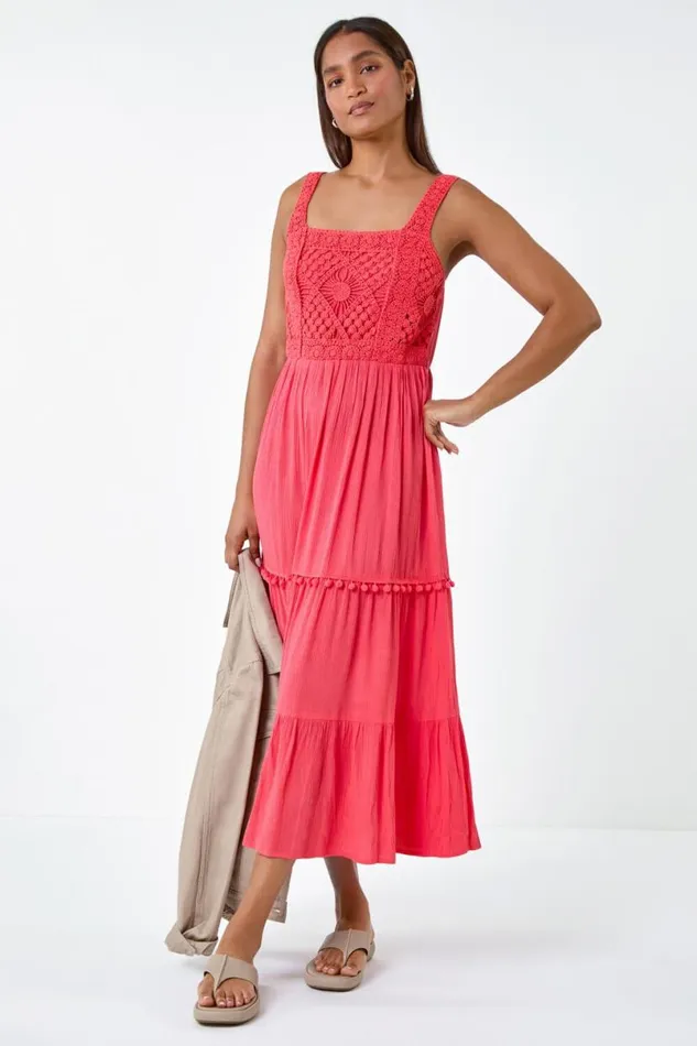 Red Crochet Detail Cotton Blend Maxi Dress Women Roman Dresses