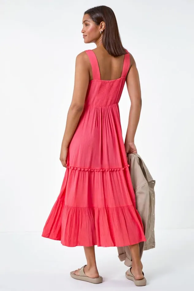 Red Crochet Detail Cotton Blend Maxi Dress Women Roman Dresses