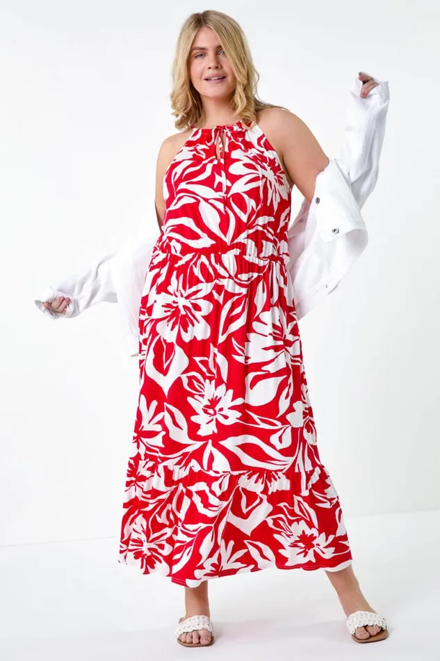 Red Curve Floral Tie Detail Halterneck Dress Women Roman Dresses