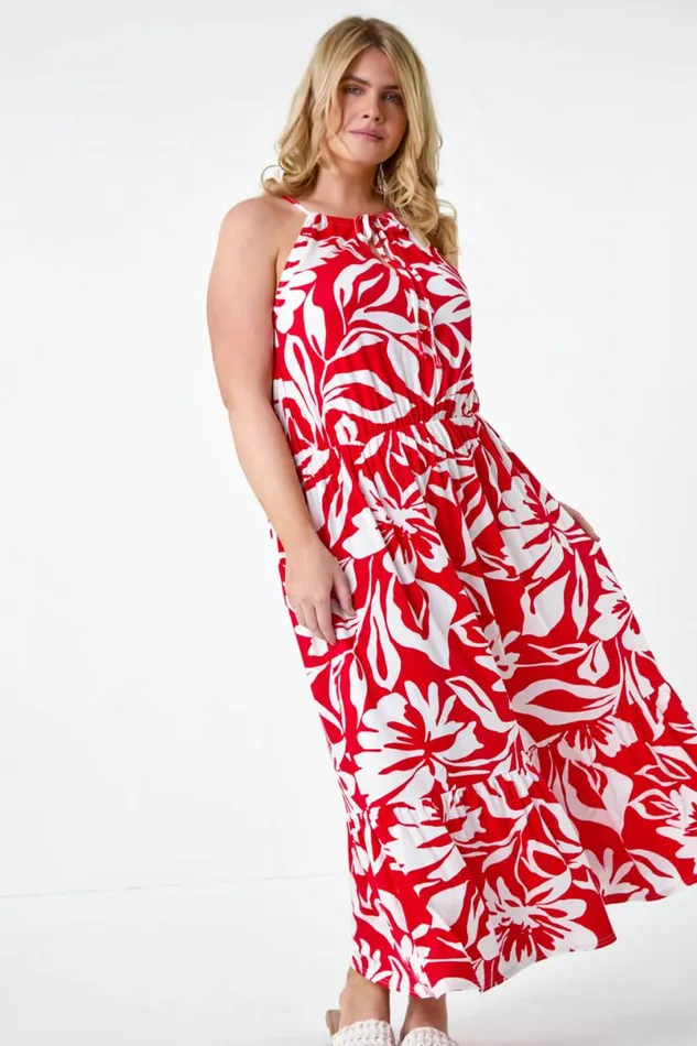 Red Curve Floral Tie Detail Halterneck Dress Women Roman Dresses
