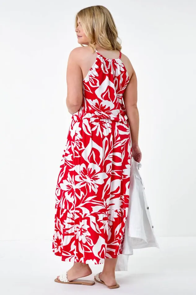 Red Curve Floral Tie Detail Halterneck Dress Women Roman Dresses