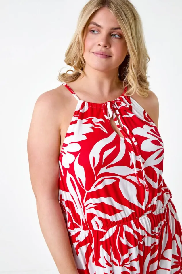 Red Curve Floral Tie Detail Halterneck Dress Women Roman Dresses