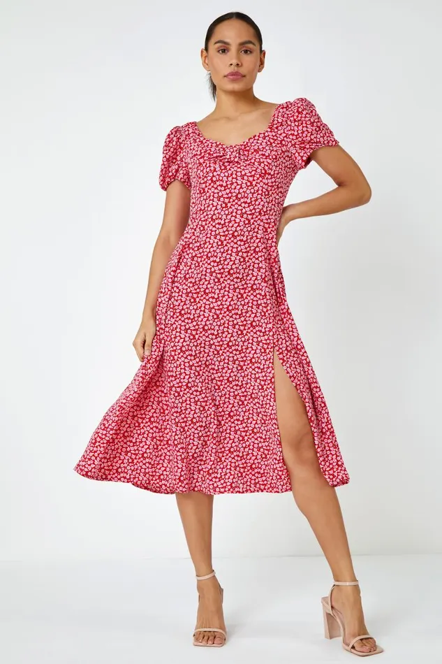 Red Ditsy Floral Bow Detail Midi Dress Women Roman Dresses