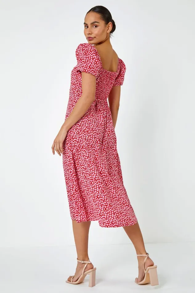 Red Ditsy Floral Bow Detail Midi Dress Women Roman Dresses