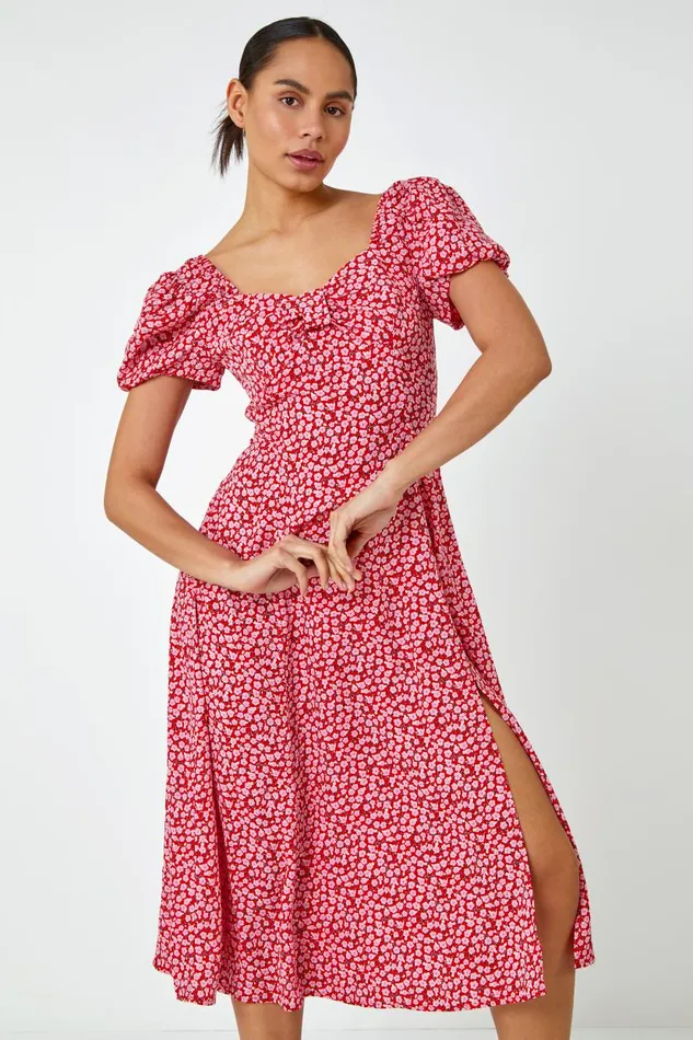 Red Ditsy Floral Bow Detail Midi Dress Women Roman Dresses