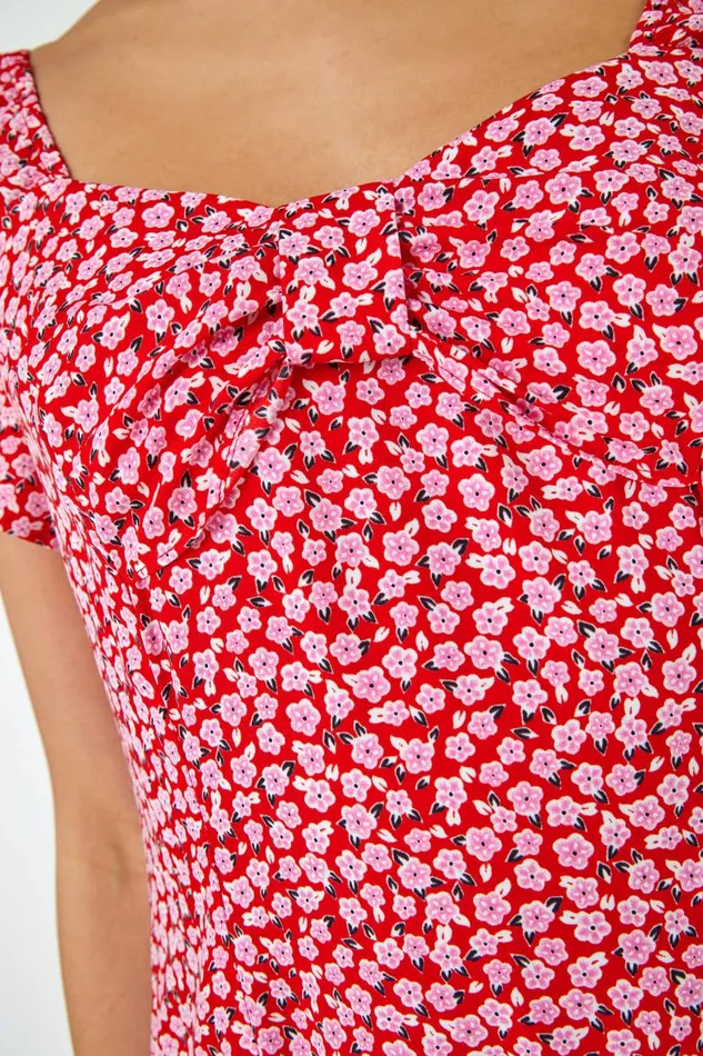 Red Ditsy Floral Bow Detail Midi Dress Women Roman Dresses