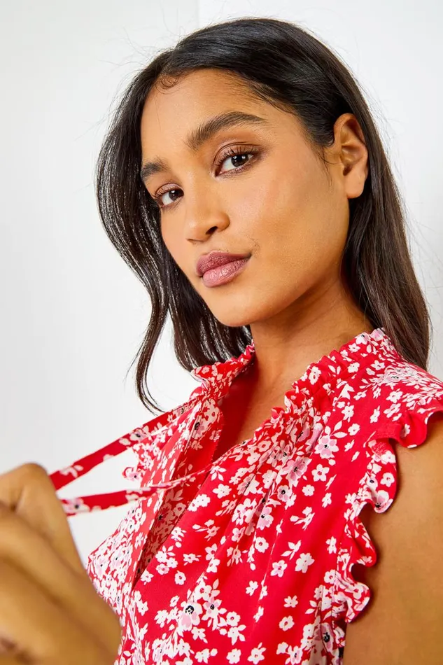 Red Ditsy Floral Print Shirred Blouson Hem Top Women Roman Tops
