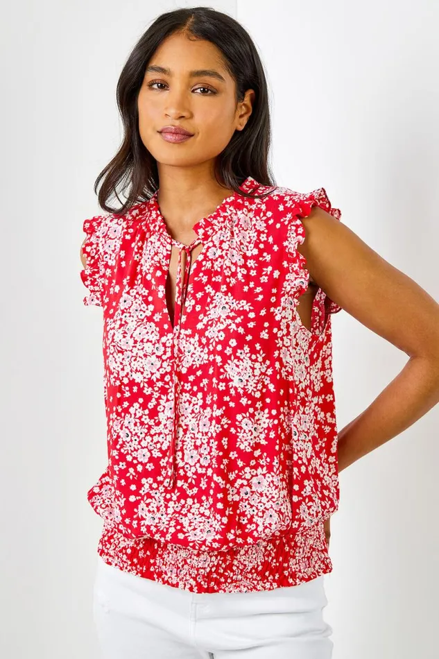 Red Ditsy Floral Print Shirred Blouson Hem Top Women Roman Tops