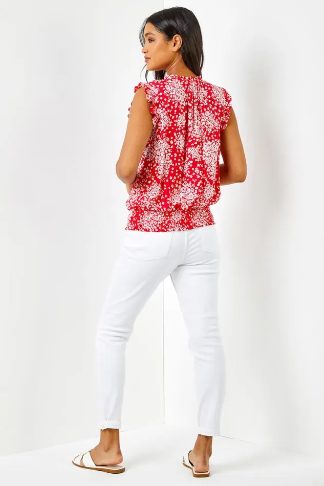 Red Ditsy Floral Print Shirred Blouson Hem Top Women Roman Tops