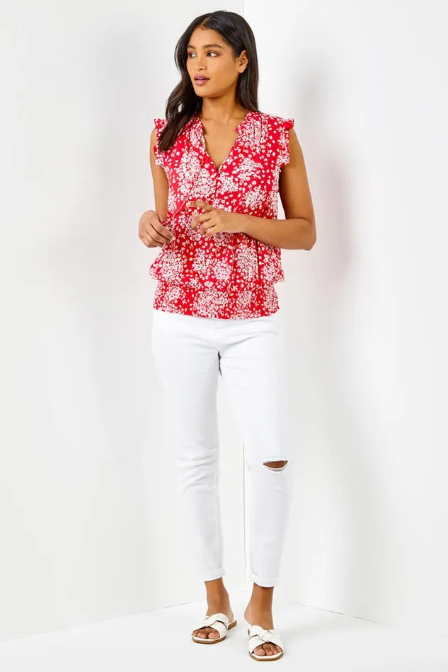 Red Ditsy Floral Print Shirred Blouson Hem Top Women Roman Tops