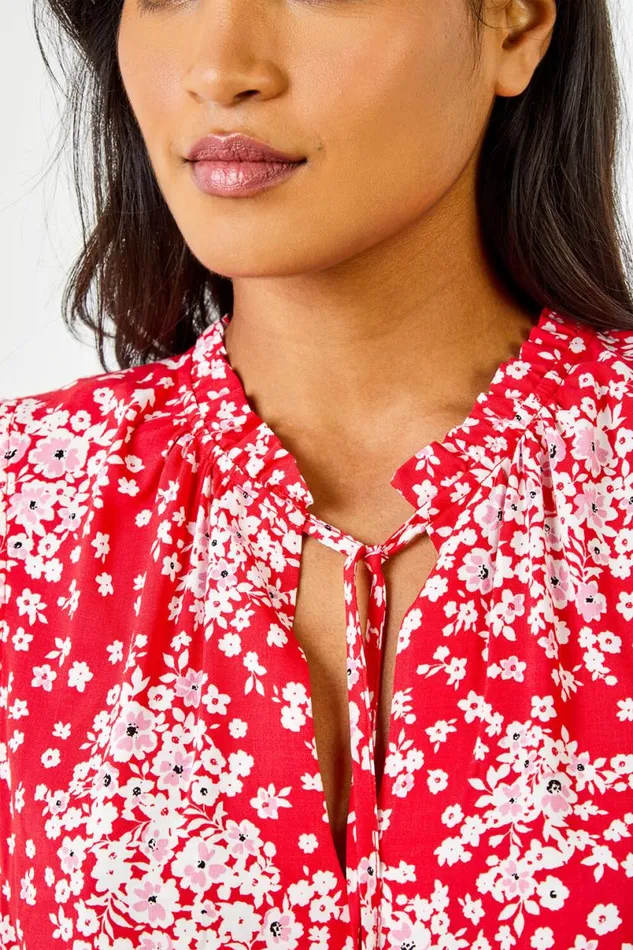 Red Ditsy Floral Print Shirred Blouson Hem Top Women Roman Tops