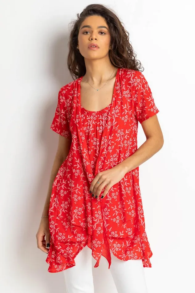 Red Floral Print Crinkle Tunic Top Women Roman Tops