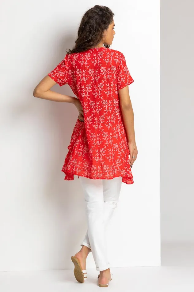 Red Floral Print Crinkle Tunic Top Women Roman Tops
