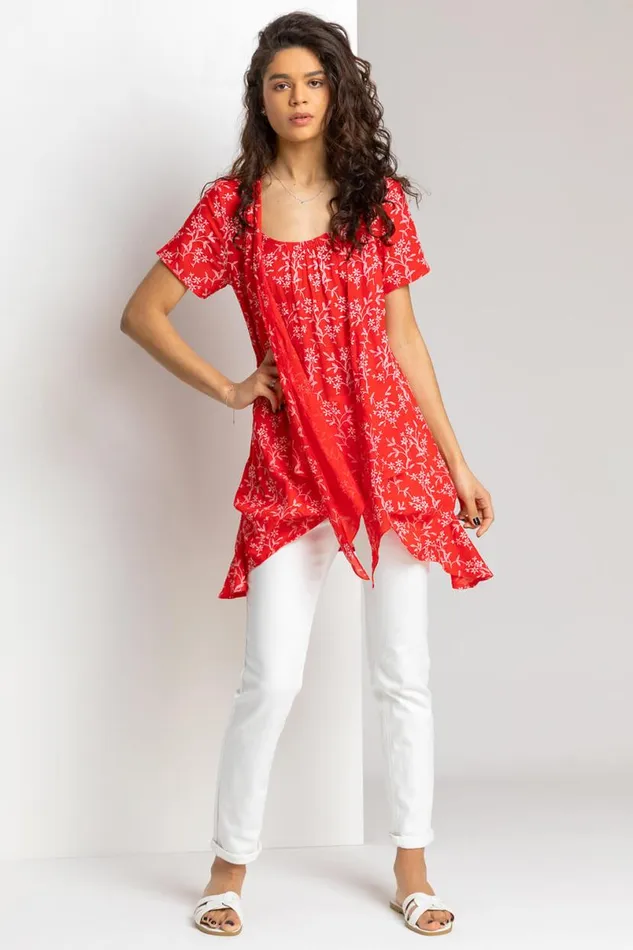 Red Floral Print Crinkle Tunic Top Women Roman Tops