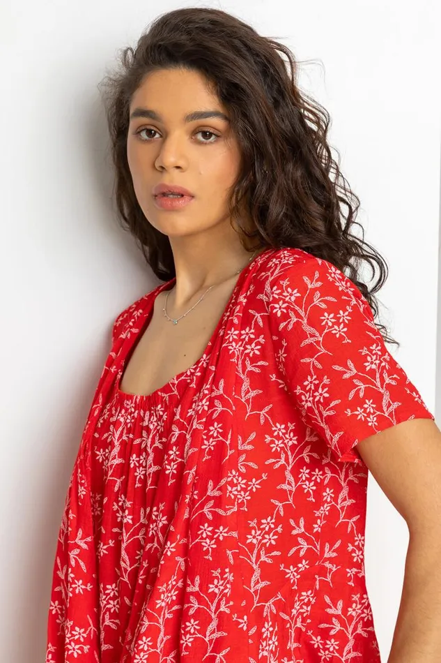 Red Floral Print Crinkle Tunic Top Women Roman Tops