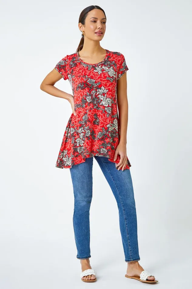 Red Floral Print Stretch Hanky Hem Top Women Roman Tops