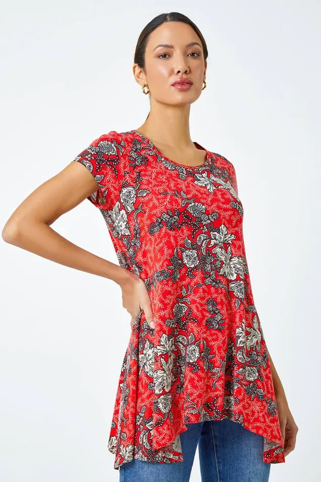 Red Floral Print Stretch Hanky Hem Top Women Roman Tops