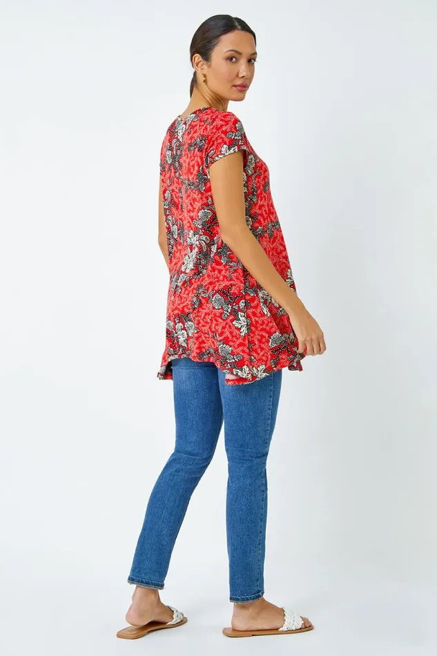 Red Floral Print Stretch Hanky Hem Top Women Roman Tops