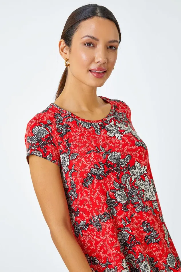 Red Floral Print Stretch Hanky Hem Top Women Roman Tops