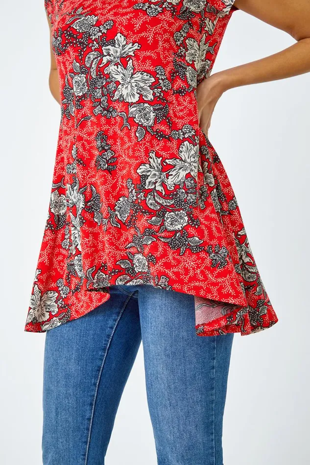 Red Floral Print Stretch Hanky Hem Top Women Roman Tops