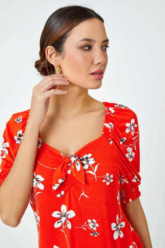 Red Floral Print VNeck Tie Detail Jersey Top Women Roman Tops