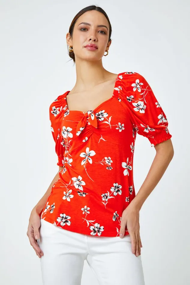 Red Floral Print VNeck Tie Detail Jersey Top Women Roman Tops