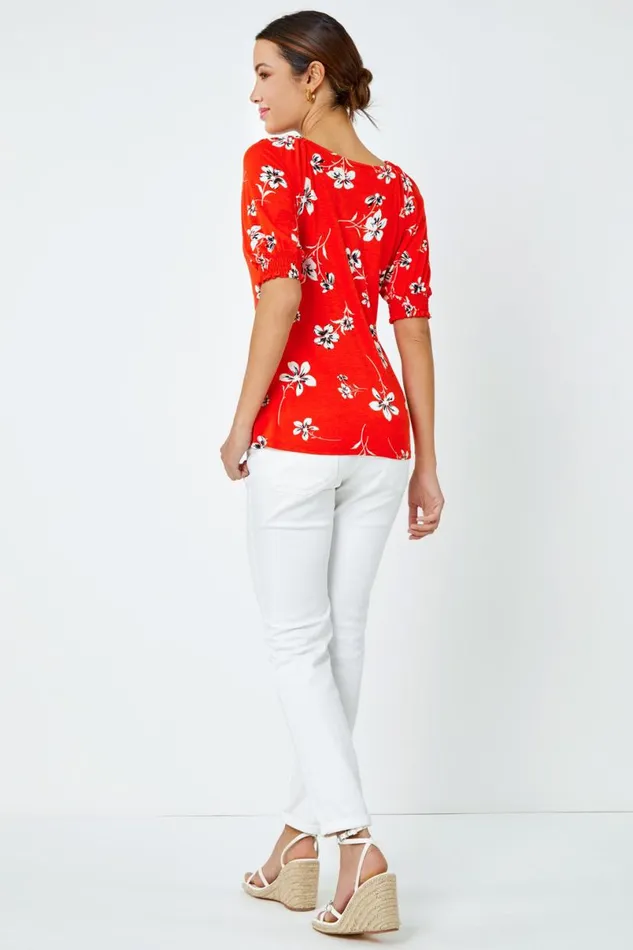 Red Floral Print VNeck Tie Detail Jersey Top Women Roman Tops