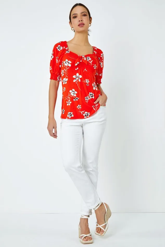 Red Floral Print VNeck Tie Detail Jersey Top Women Roman Tops