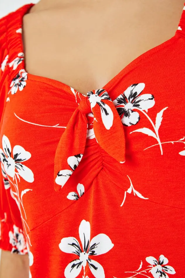 Red Floral Print VNeck Tie Detail Jersey Top Women Roman Tops