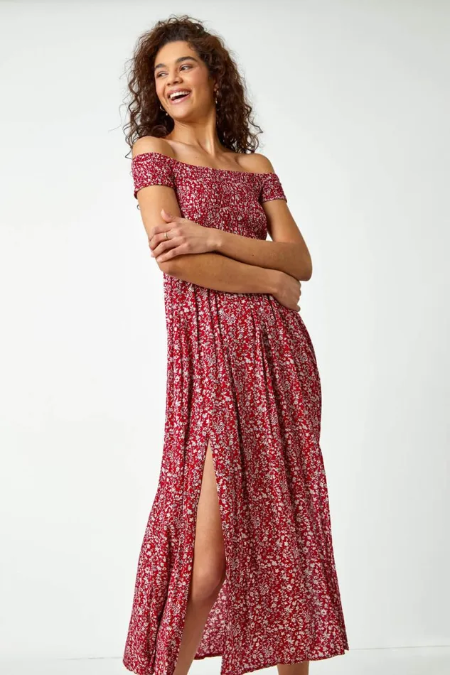 Red Floral Shirred Bardot Maxi Dress Women Roman Dresses