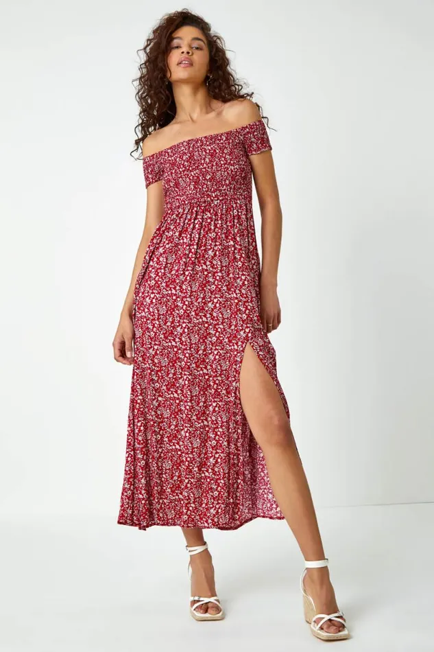 Red Floral Shirred Bardot Maxi Dress Women Roman Dresses