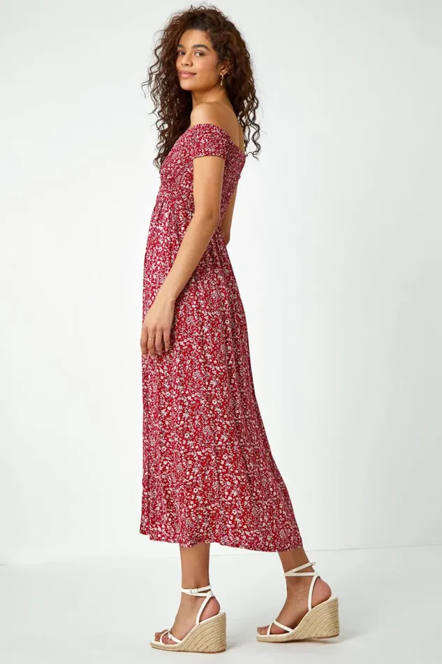 Red Floral Shirred Bardot Maxi Dress Women Roman Dresses
