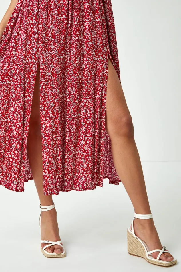 Red Floral Shirred Bardot Maxi Dress Women Roman Dresses