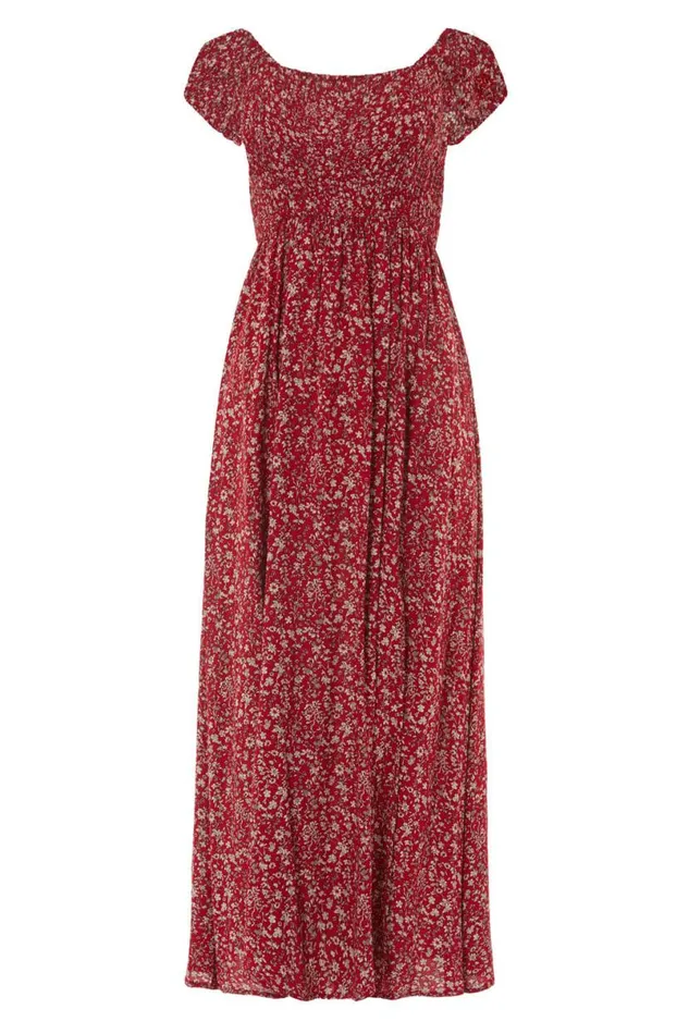 Red Floral Shirred Bardot Maxi Dress Women Roman Dresses