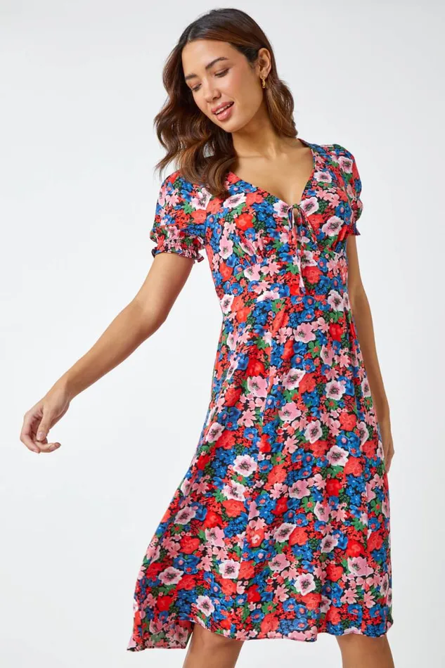 Red Frill Sleeve Floral Tea Dress Women Roman Dresses