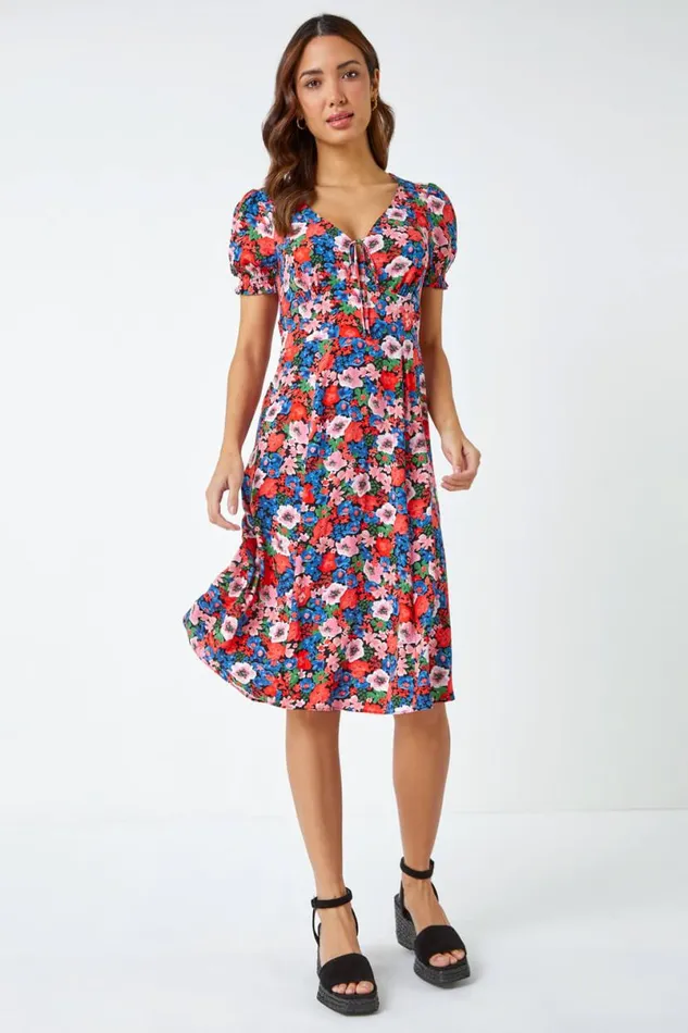 Red Frill Sleeve Floral Tea Dress Women Roman Dresses