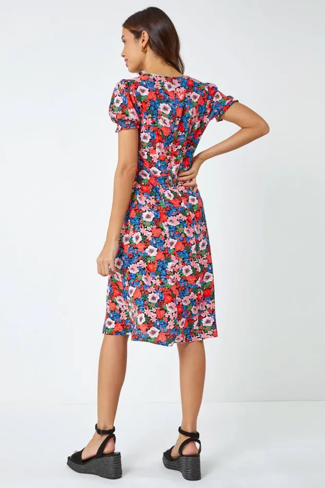 Red Frill Sleeve Floral Tea Dress Women Roman Dresses