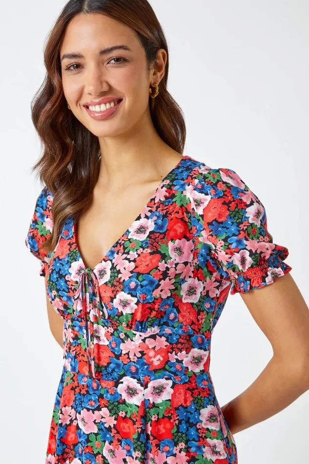 Red Frill Sleeve Floral Tea Dress Women Roman Dresses