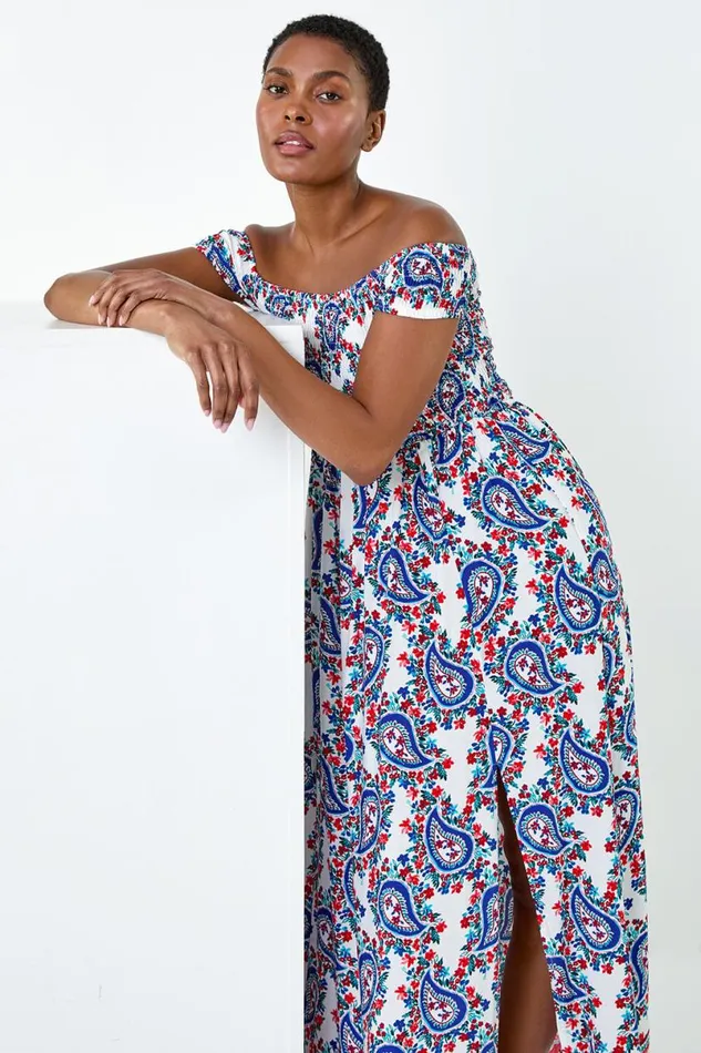 Red Paisley Shirred Bardot Maxi Dress Women Roman Dresses