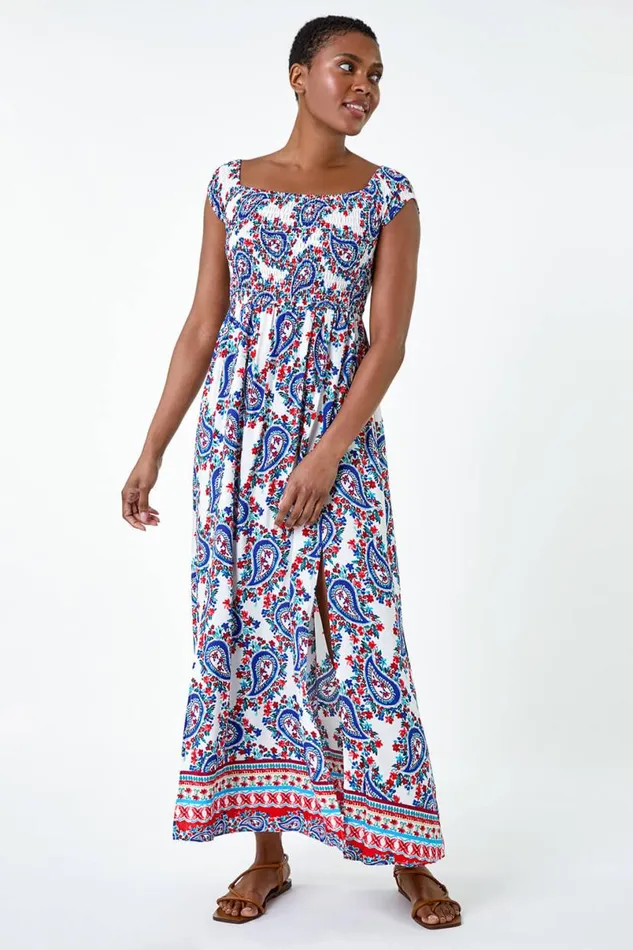 Red Paisley Shirred Bardot Maxi Dress Women Roman Dresses