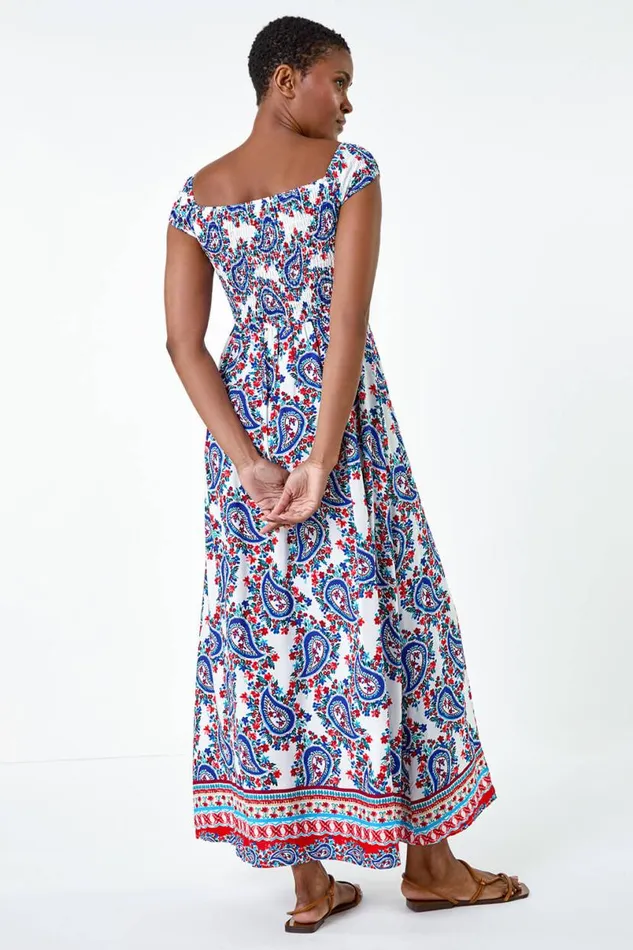 Red Paisley Shirred Bardot Maxi Dress Women Roman Dresses