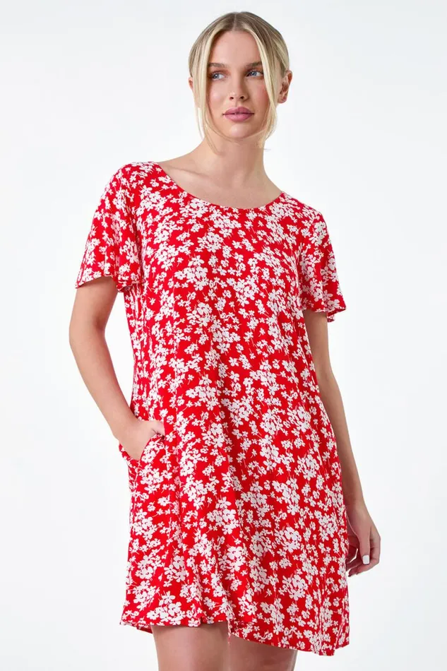 Red Petite Ditsy Floral TShirt Dress Women Roman Dresses