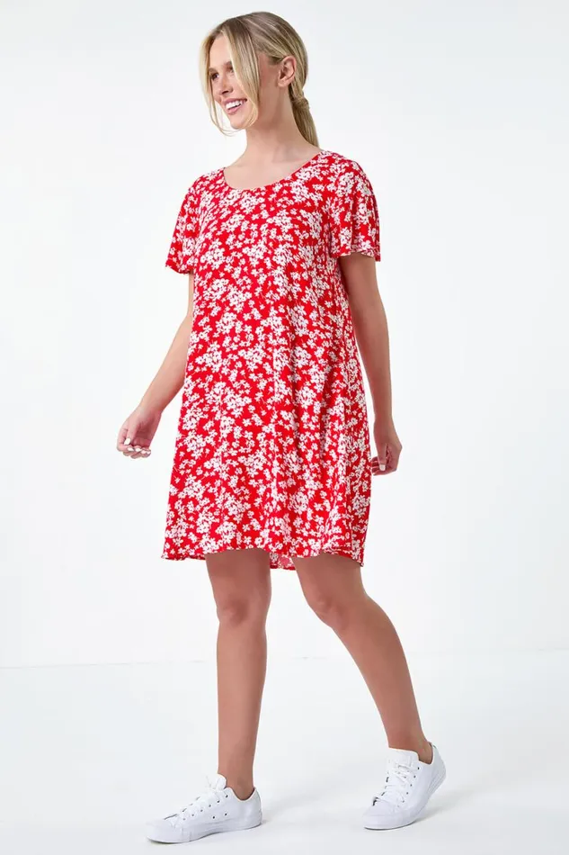 Red Petite Ditsy Floral TShirt Dress Women Roman Dresses