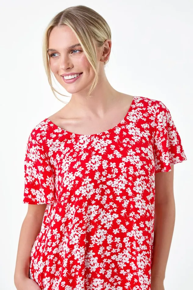 Red Petite Ditsy Floral TShirt Dress Women Roman Dresses