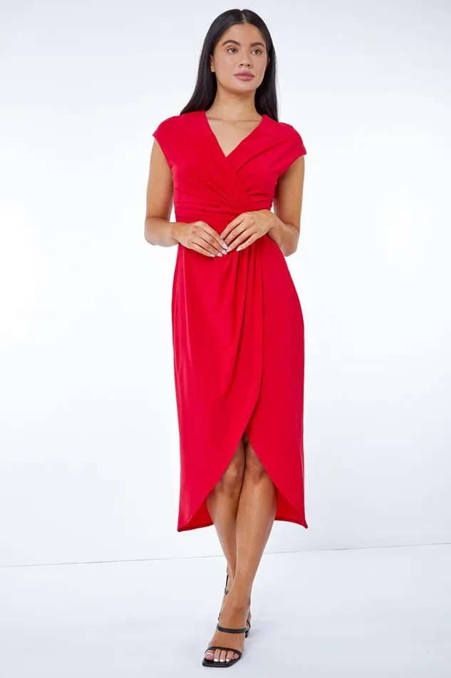 Red Petite Ruched Wrap Midi Dress Women Roman Dresses