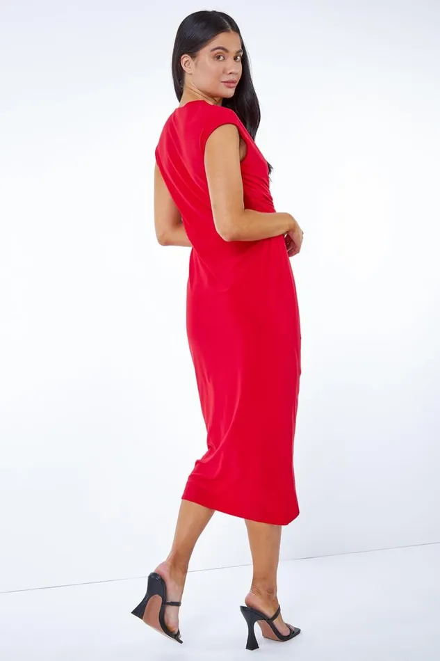 Red Petite Ruched Wrap Midi Dress Women Roman Dresses