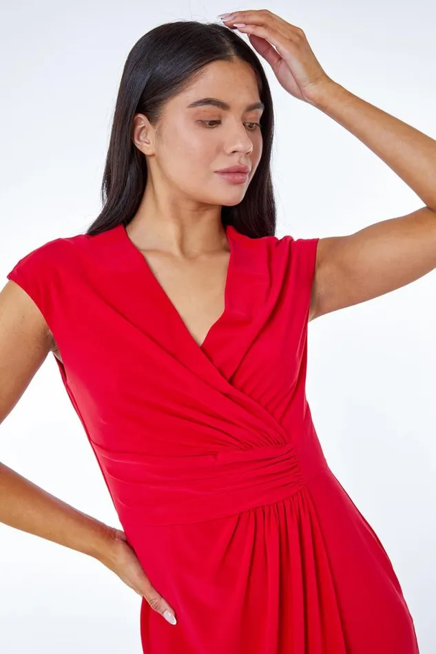 Red Petite Ruched Wrap Midi Dress Women Roman Dresses