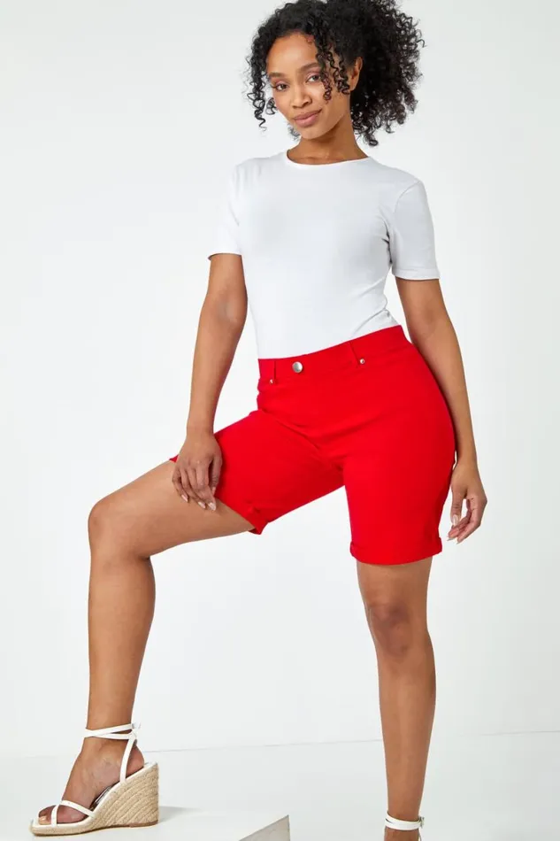 Red Petite Turned Hem Elastic Waist Shorts Women Roman Shorts
