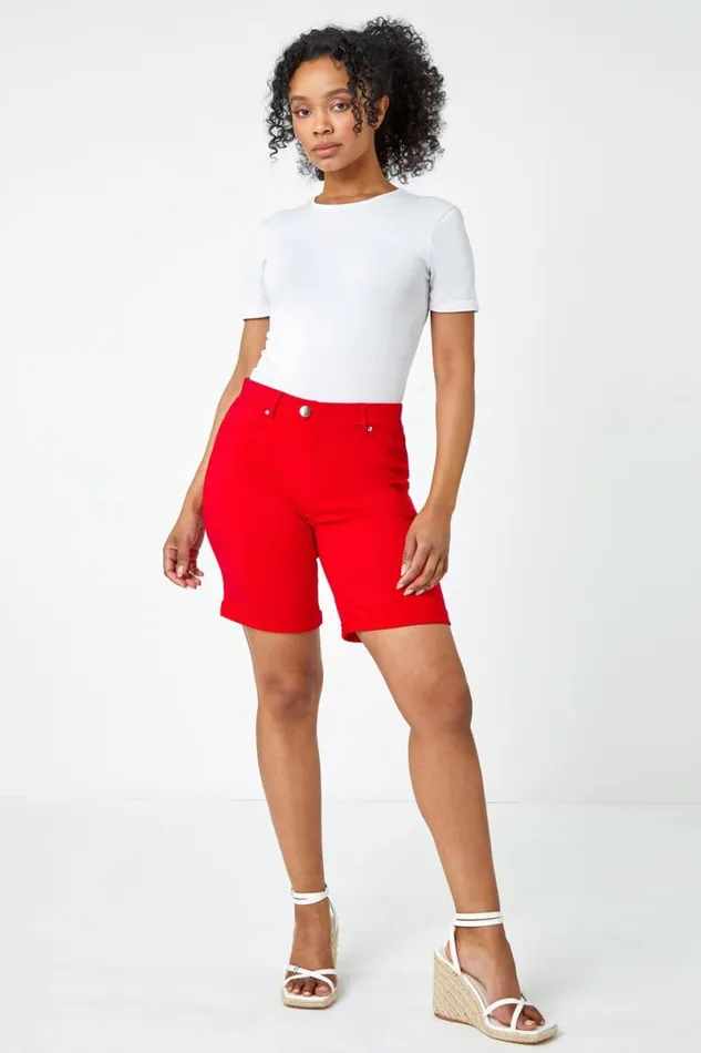 Red Petite Turned Hem Elastic Waist Shorts Women Roman Shorts